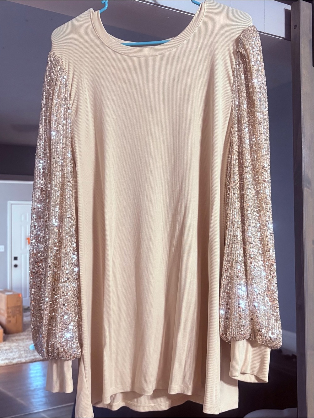 torrid Cream Top with Gold Sequin Puff Sleeves